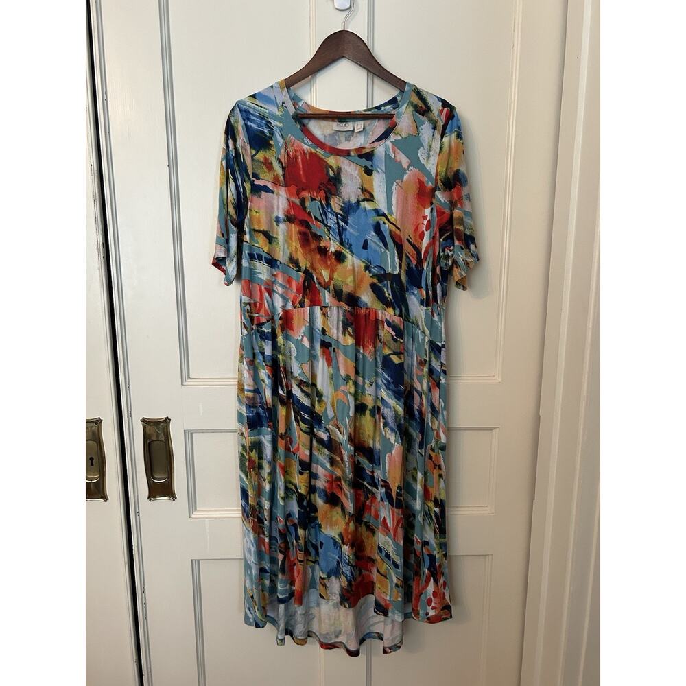 LOGO Lori Goldstein Color Splash Midi Shift Dress Womens SIze Large Stretch